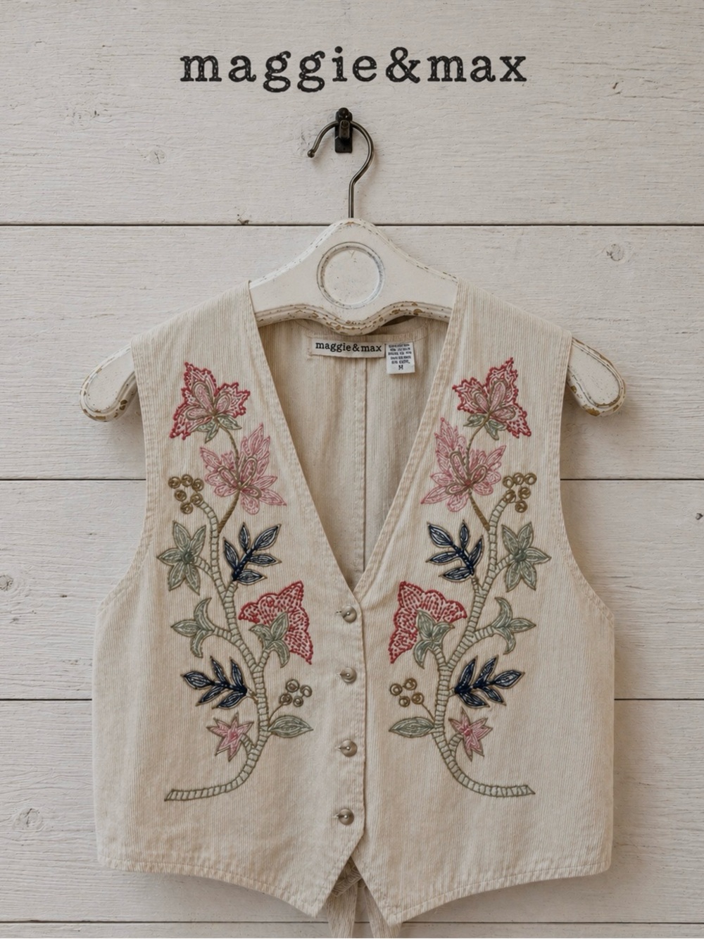 MAGGIE & MAX Cream Embroidered Floral Vest – Size M